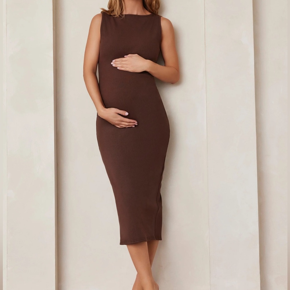 Bumpsuit Sculpting Rib Boat Neck Midi Dress in Brown